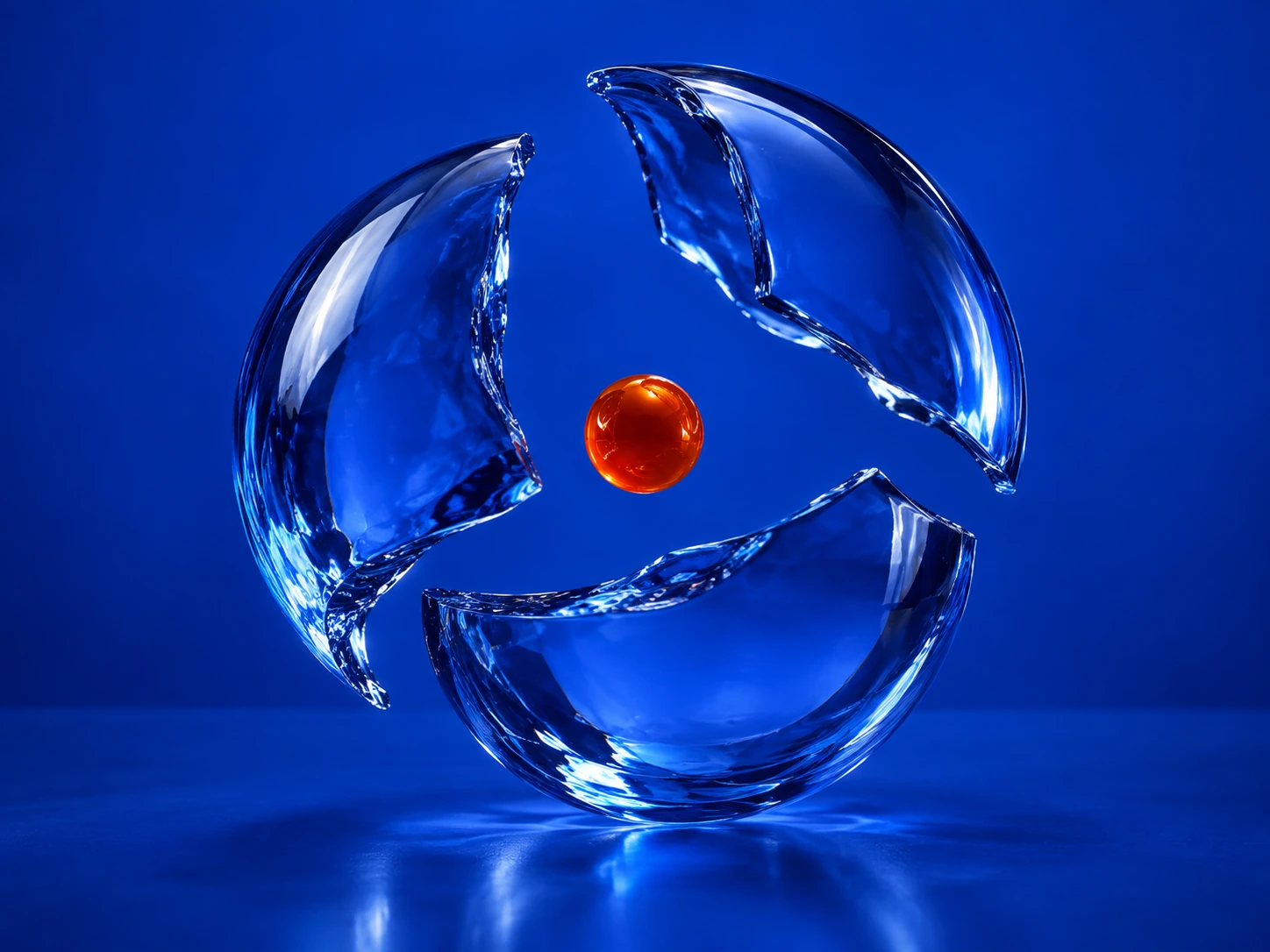 Cobalt glass forms surrounding a small orange sphere.